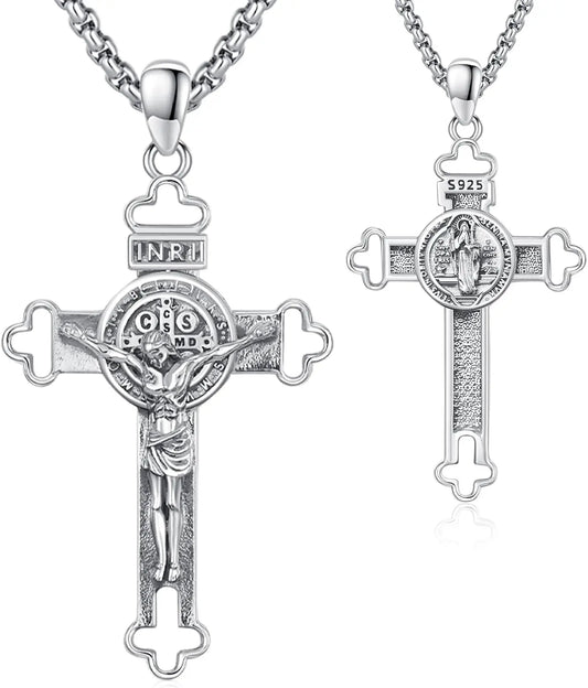 Saint Benedict Crucifix Necklace 925 Sterling Silver Pendant