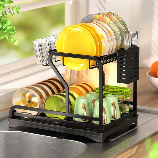 2-Tier Dish Drying Rack With Drainboard - Space-Saving Kitchen Storage Solution