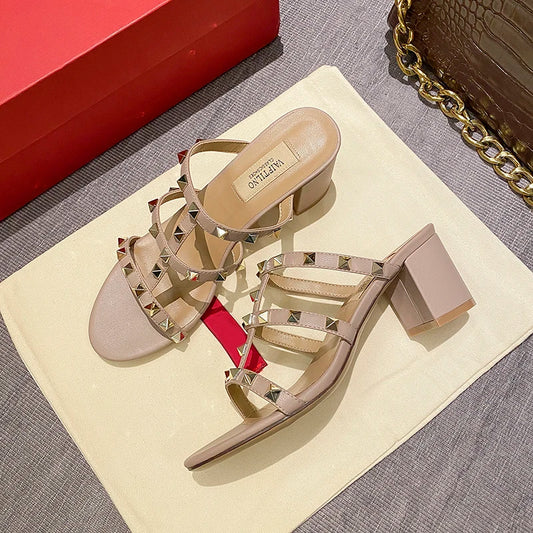 Women's sandals Gladiator summer 2025 luxury Brand Designer Heeled slipper Leather Silver Rivets High Heels Ladies shoes Women