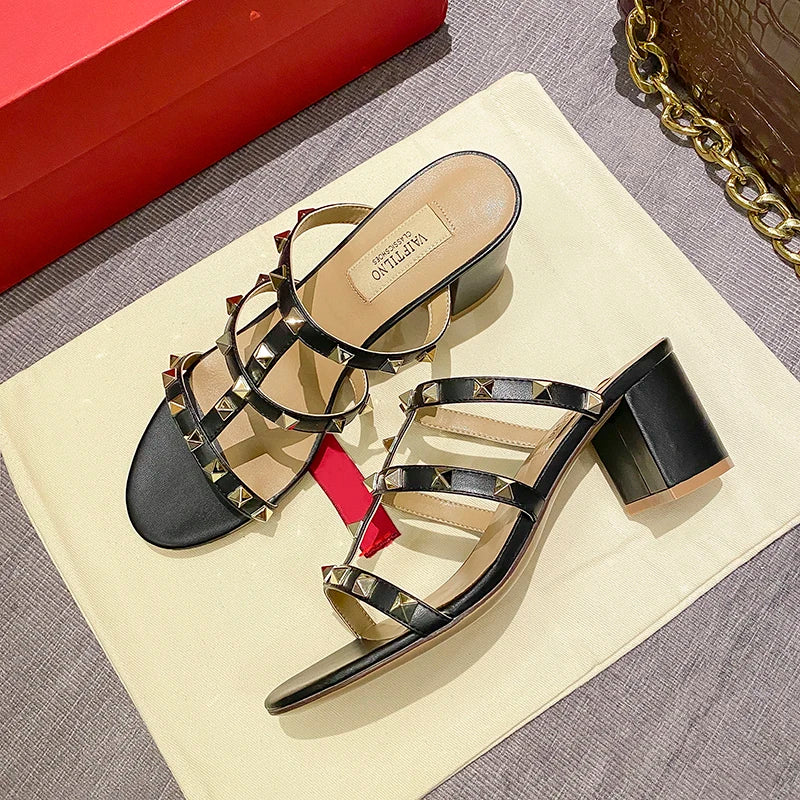 Women's sandals Gladiator summer 2025 luxury Brand Designer Heeled slipper Leather Silver Rivets High Heels Ladies shoes Women
