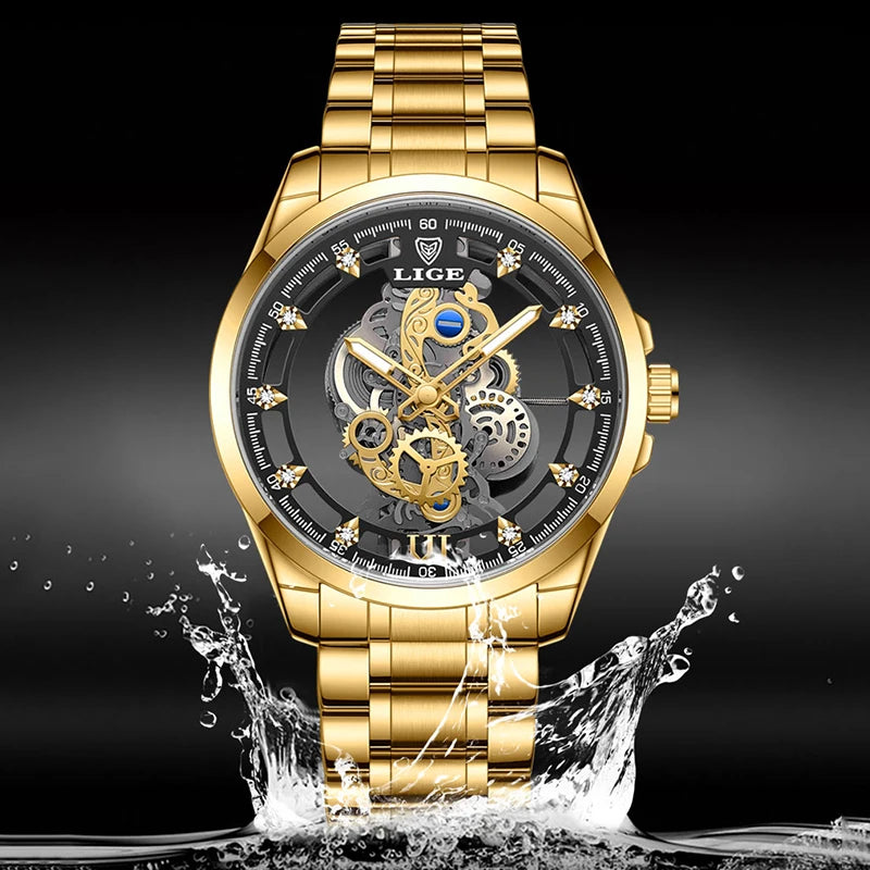 LIGE New Fashion Mens Watches Top Brand Luxury Hollow Watch Men Military Sports Waterproof Quartz Watch For Men Montre Homme+BOX