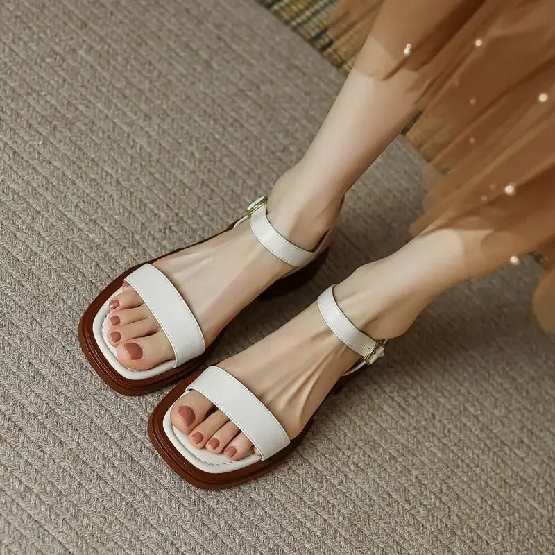 Black Sandals for Woman with Strap Summer 2024 Footwear Outdoor Women's Shoes Flat Leather One Word Comfort Korea Designer Trend