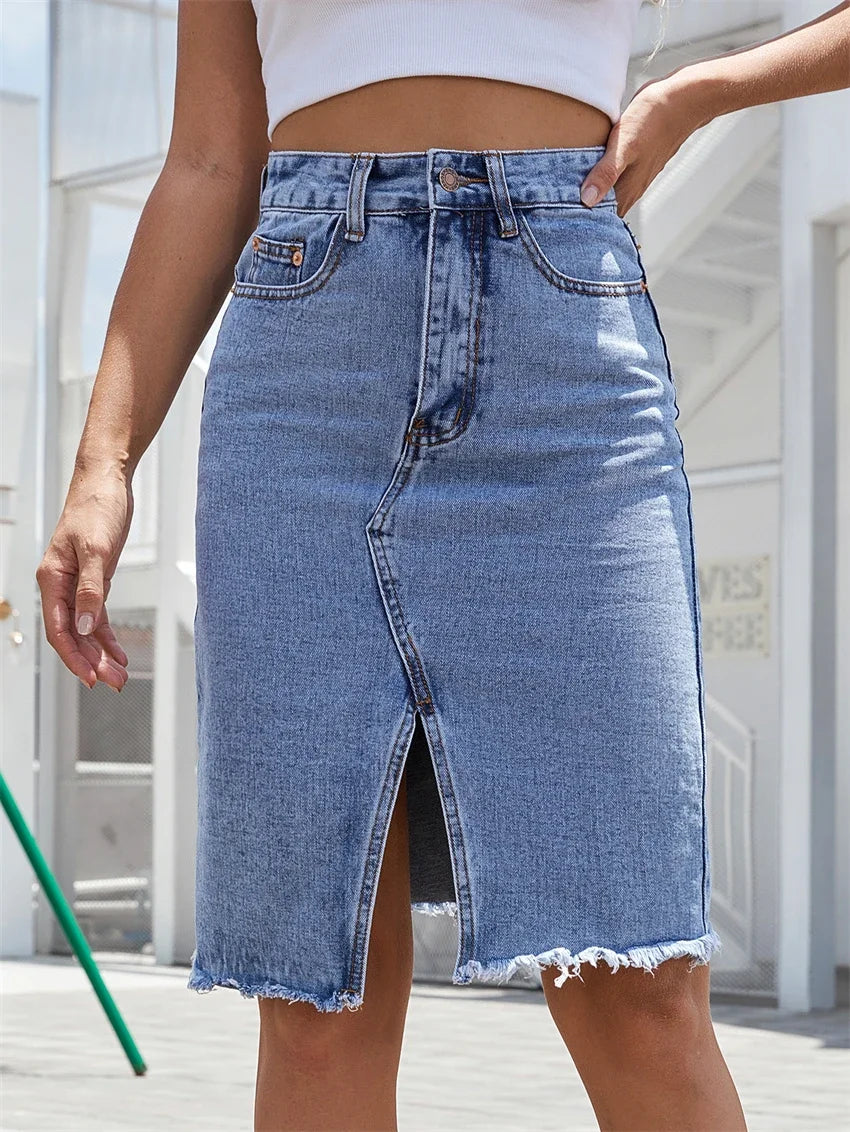 Women's High Waist Blue Denim Midi Skirt with Pockets 2023