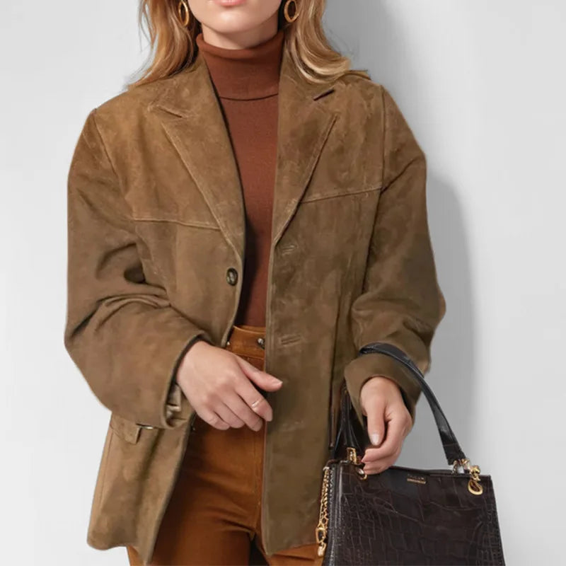 Casual Brown Suede Leather Jacket for Women with Lapel Pocket