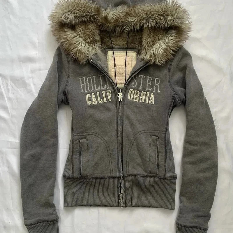 Y2K Women Aesthetic Harajuku Faux Fur Hooded Zip Up Jacket