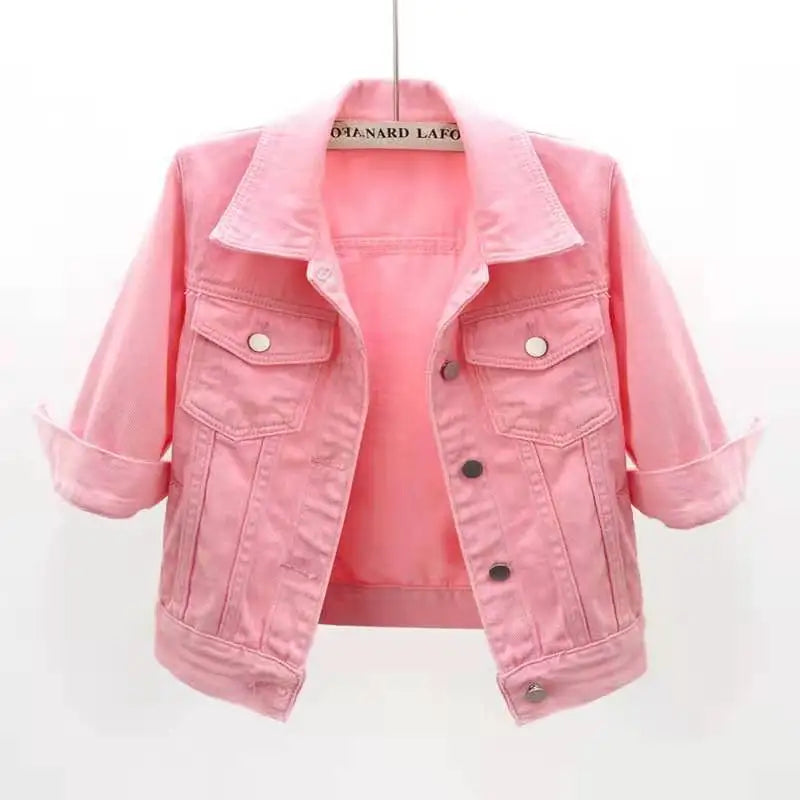 Women Pink Denim Jacket Casual Spring Autumn Loose Outerwear