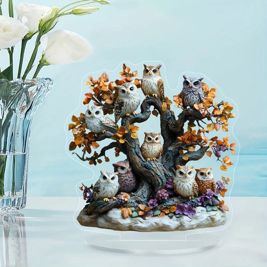 1PC 2D Acrylic Owl Tree Statue - Floral Desktop Decor with Stand/Elegant Owl Wall Art Flat Acrylic Sculpture for Home/Gifting