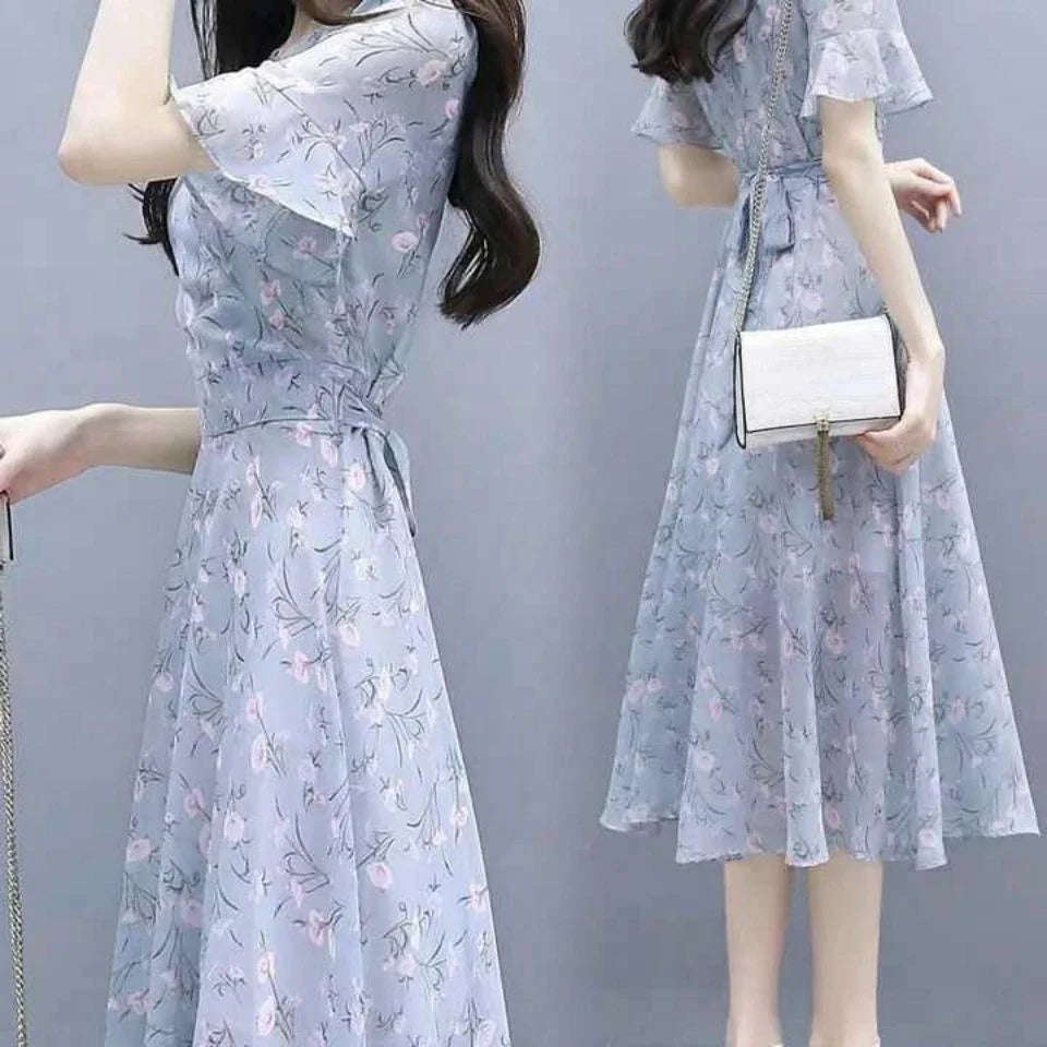 Silk Chiffon Midi Flower Dresses for Women Bandage Short Sleeve Woman Dress Floral Satin Outfits Clothing Elastic Casual Youth