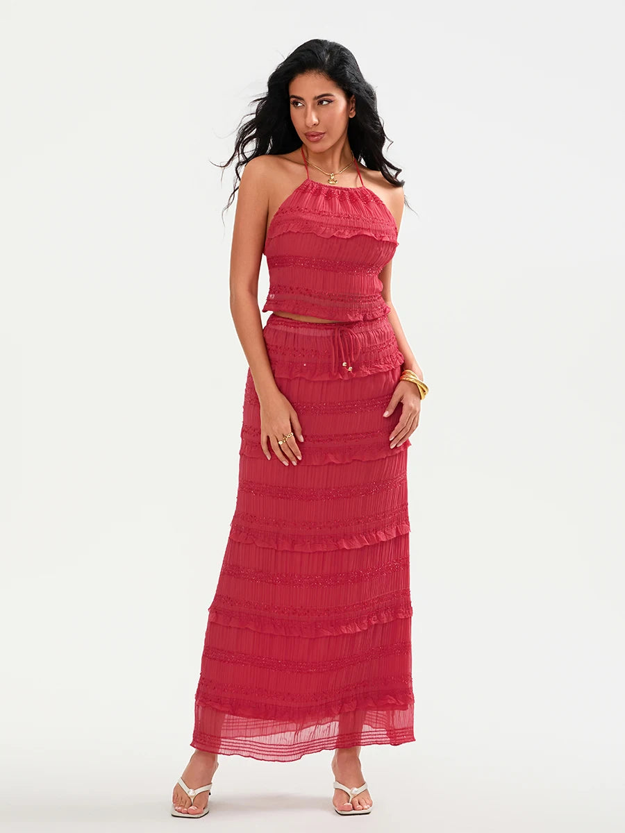 Elegant Floral Print Off-Shoulder Ruffle Sleeve Crop Top and High Waist Maxi Skirt 2 Piece Set for Women Summer Outfit