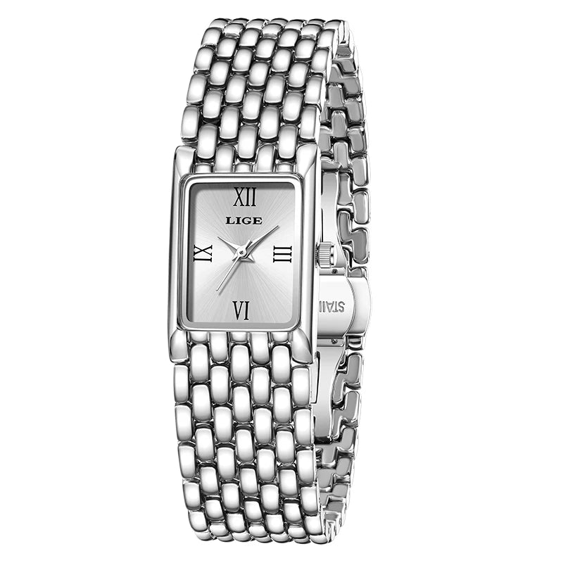 LIGE Light Luxury Retro Rectangle Classic Watches For Women Fashion Stainless Steel Womens Watch Vintage Quartz Wristwatches+Box