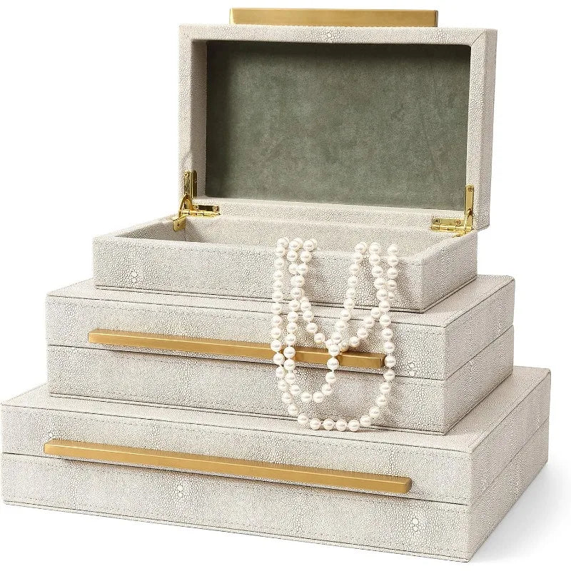Kingflux Faux Ivory Shagreen Leather Set of 3 Pcs Decorative Boxes, Storage Boxes Jewelry Organizer, Men's Accessory Org