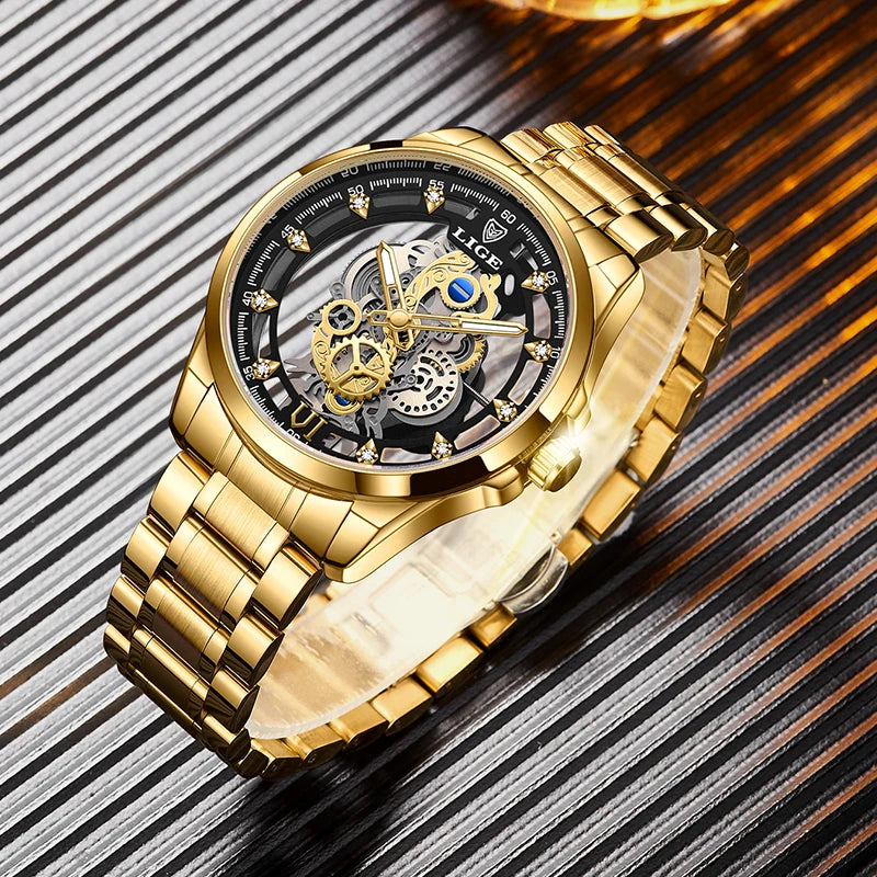 LIGE New Fashion Mens Watches Top Brand Luxury Hollow Watch Men Military Sports Waterproof Quartz Watch For Men Montre Homme+BOX