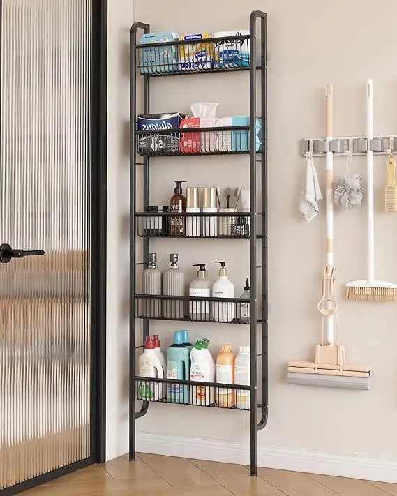Behind The Door Bathroom Shelf Narrow 5-Tier, Space-Saving Slim Bathroom Storage Shelf Narrow Shelving Unit for Bathroom and Ki