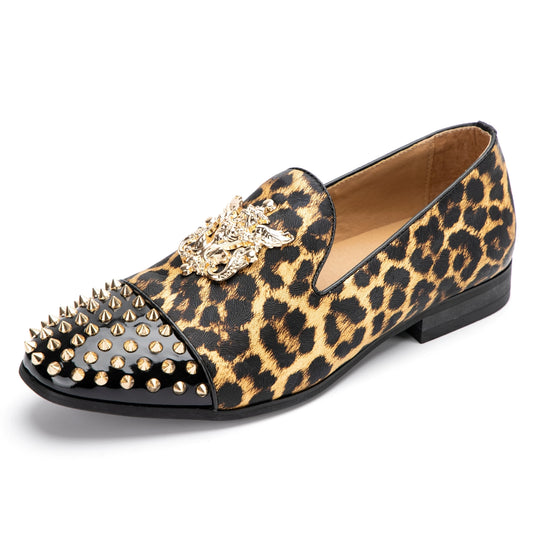 Mens Leatherette Leopard Print Loafers Dress Shoes with Metal Embellishments Party Luxury Loafer Shoes