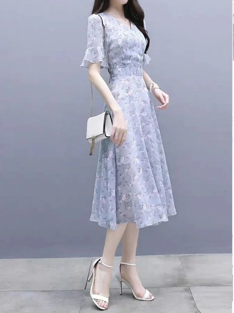 Silk Chiffon Midi Flower Dresses for Women Bandage Short Sleeve Woman Dress Floral Satin Outfits Clothing Elastic Casual Youth