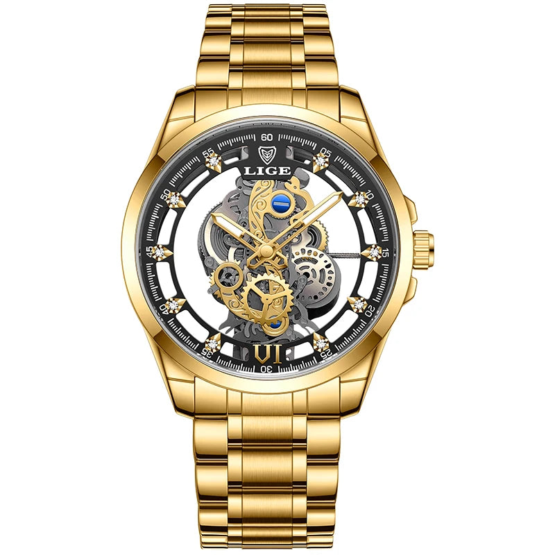 LIGE New Fashion Mens Watches Top Brand Luxury Hollow Watch Men Military Sports Waterproof Quartz Watch For Men Montre Homme+BOX
