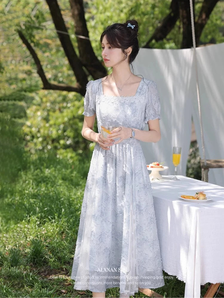 ALXNAN Women Dress Light Blue Floral Puff Sleeves Long Dress 2025 Summer Square Neck Lace Design Midi Ladies Clothing DYL661834