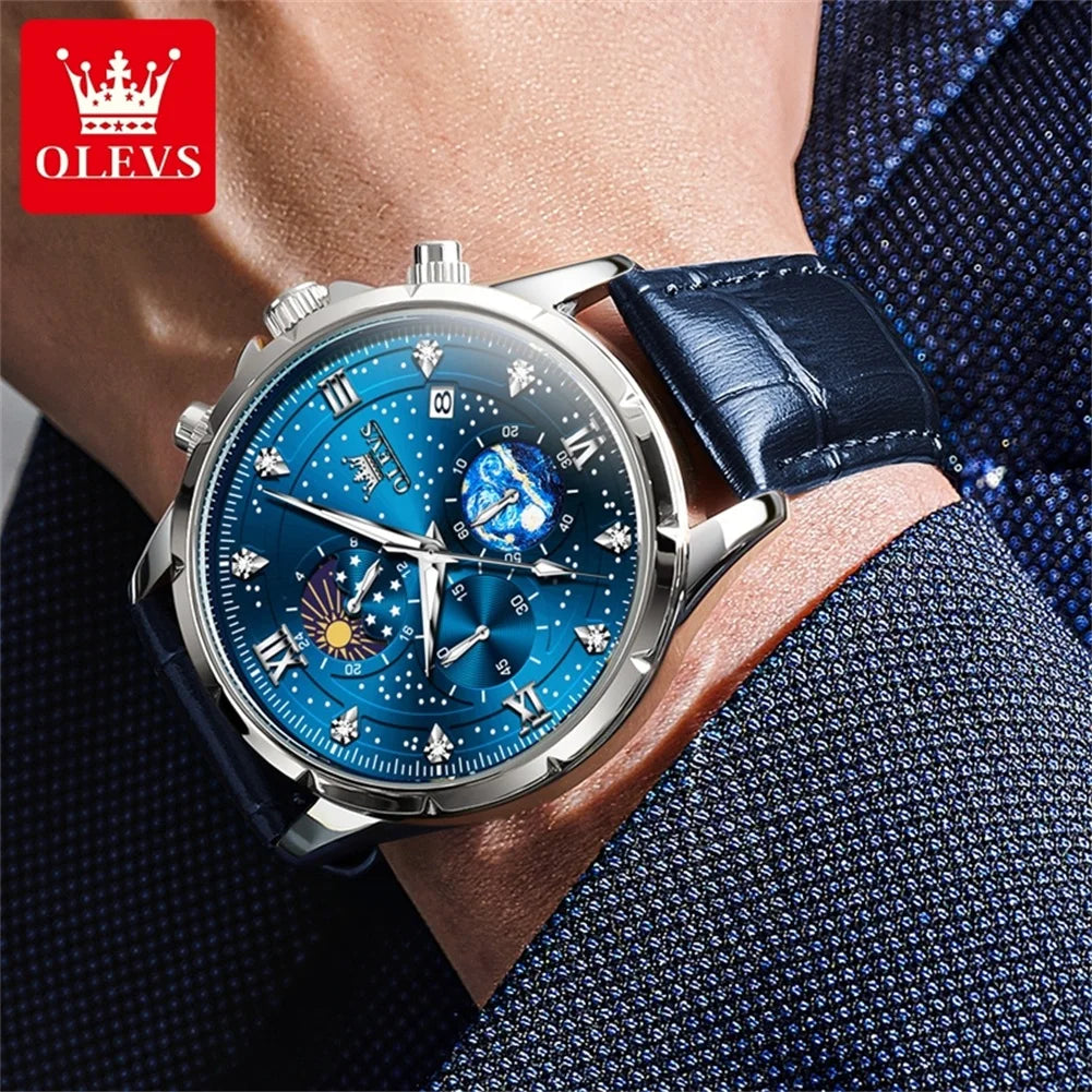 OLEVS Trend Men's Watches Moon Phase Luminous Starry Sky Dial Quartz Watch Waterproof Calendar Fashion Original Male Wristwatch