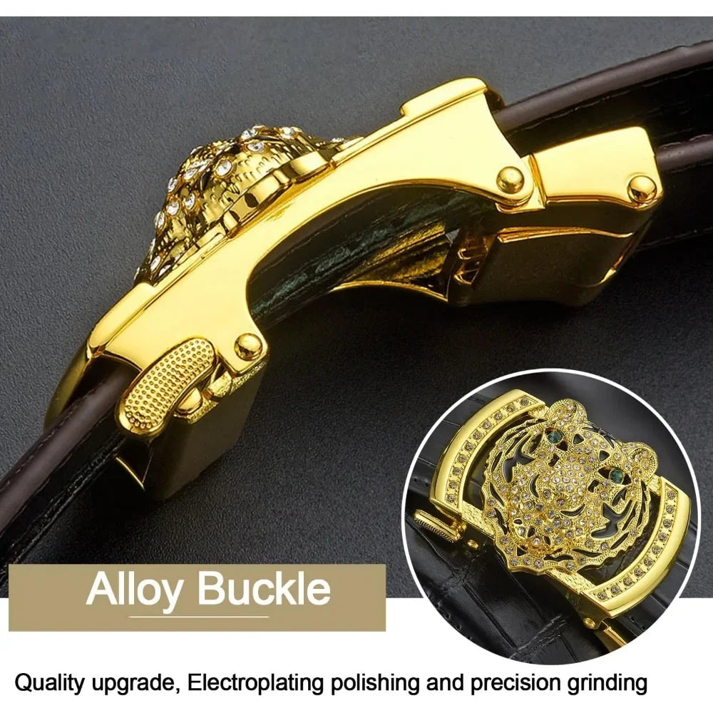 men's belt Gold Tiger Head automatic buckle alloy, leather men's belt, slide for easier adjustment belt, cut to fit