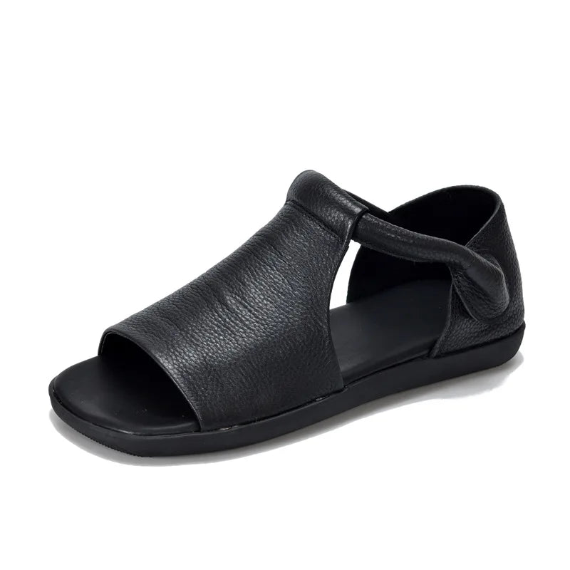 GKTINOO Peep Toe Flat Sandals 2025 Summer New Retro Genuine Leather Comfortable Soft Sole Versatile Women's Shoes