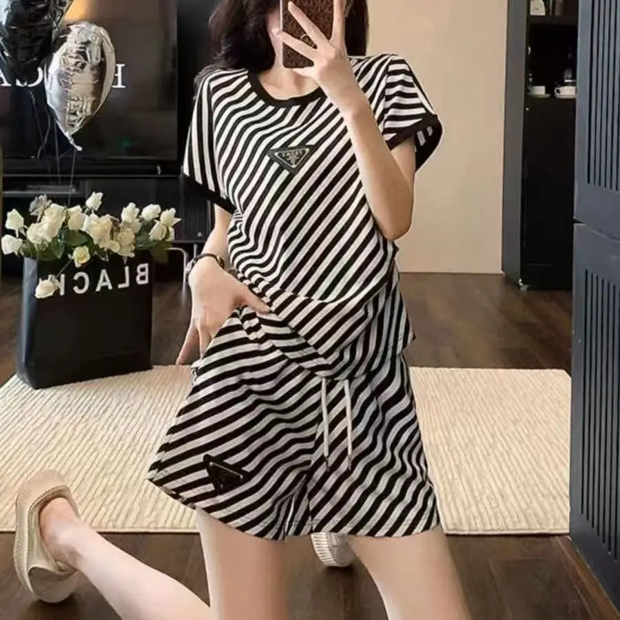 Korean Style Slim Fit Round Neck Top and Striped Shorts Set