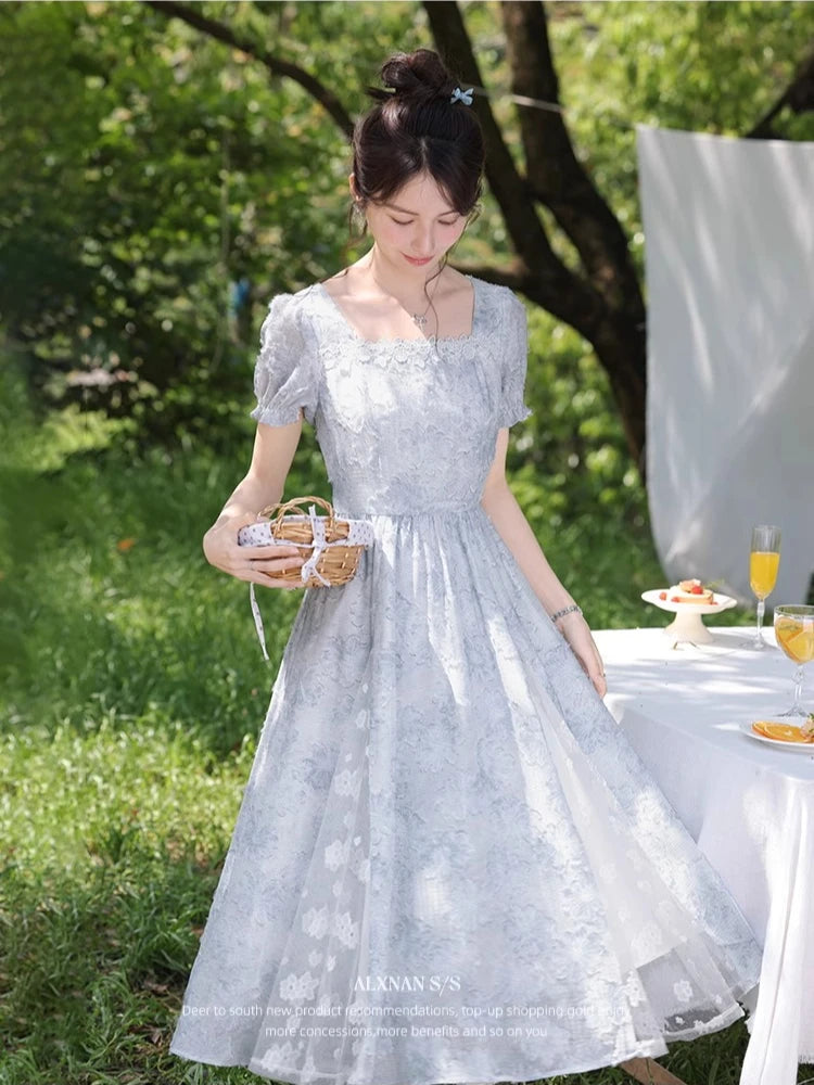 ALXNAN Women Dress Light Blue Floral Puff Sleeves Long Dress 2025 Summer Square Neck Lace Design Midi Ladies Clothing DYL661834