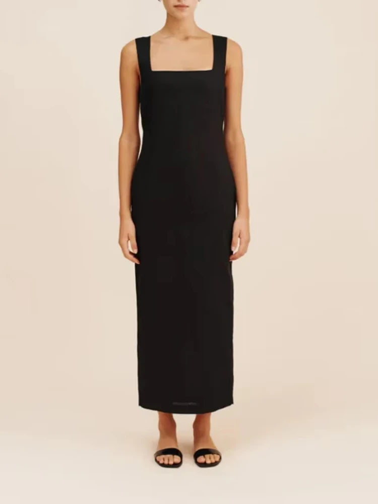Solid Color Cotton Linen Square Neck Wide Straps Dress Fashion Slim Fit Back Split Long Dress Summer New Women's Clothing