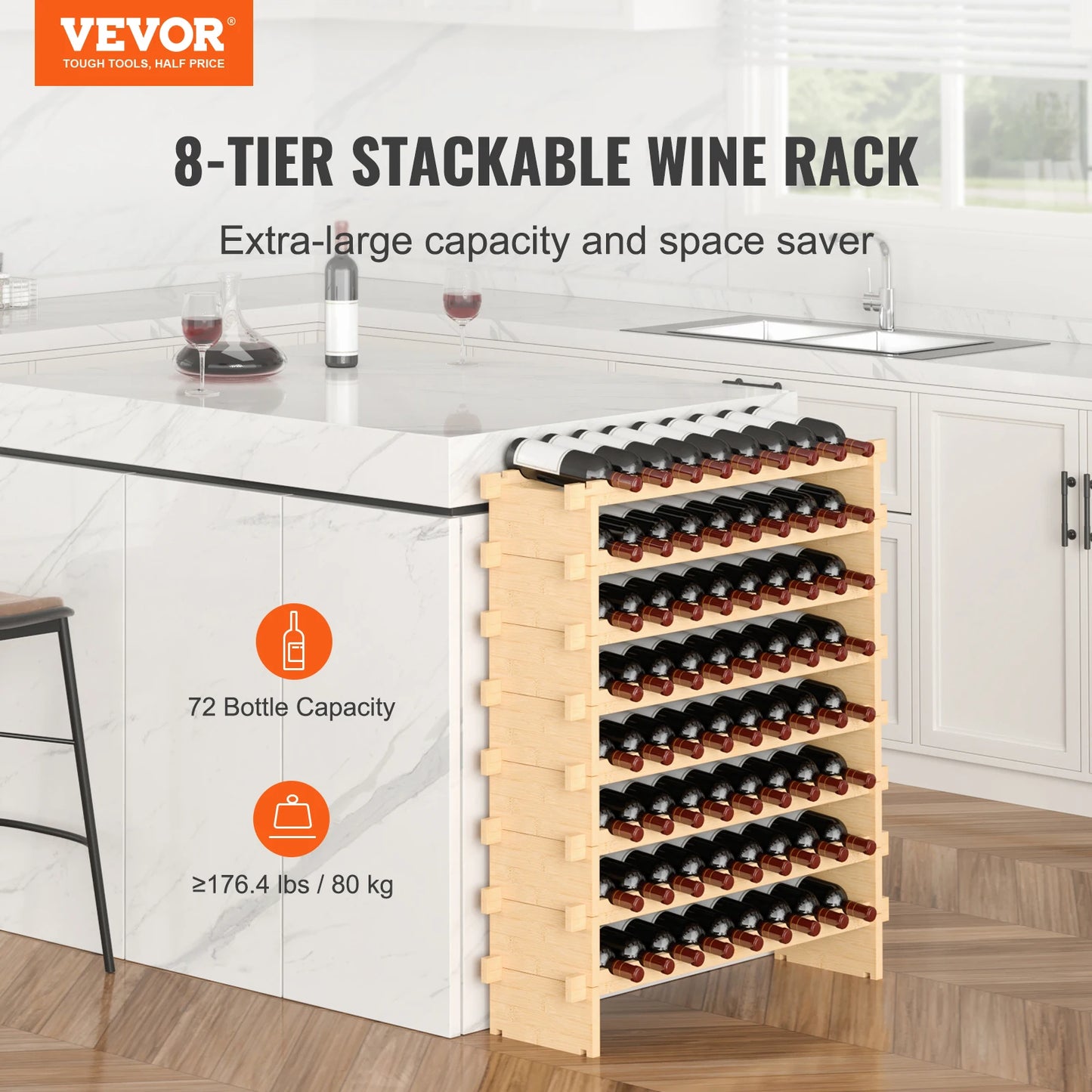 SucceBuy 48/72 Bottle Stackable Modular Wine Rack Free Standing Wine Storage Rack Bamboo Wine Holder Display Shelves for Cellar