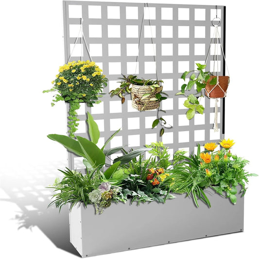 71"x47" Raised Metal Garden Bed with Attached Trellis Privacy Screen | Outdoor Planter Box w/ Drainage Holes for Climbing Plants
