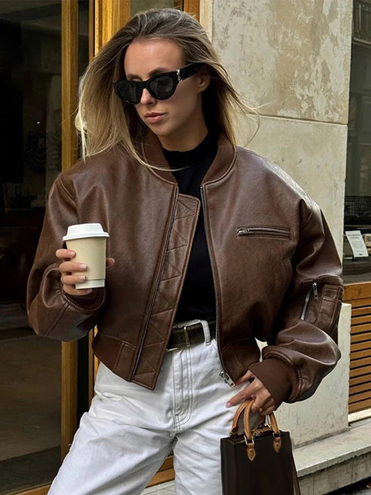 Vintage Casual Short Leather Jacket for Women with Pockets