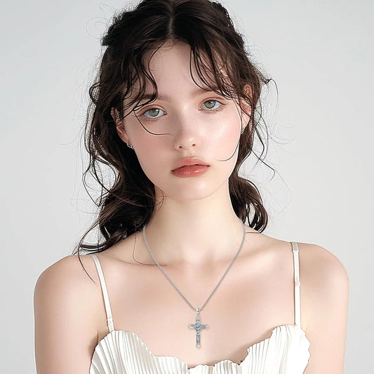 Saint Benedict Crucifix Necklace 925 Sterling Silver St Benedict Jesus Cross Necklace Protection Amulet Jewelry for Men Women