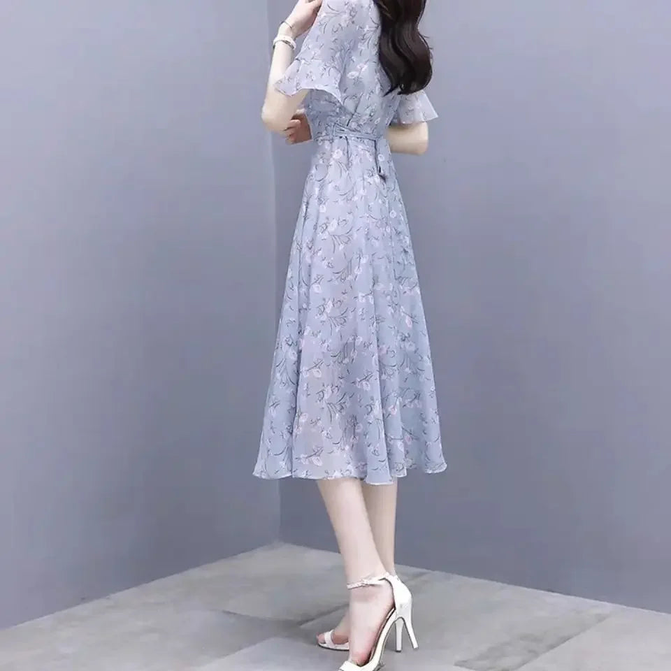 Silk Chiffon Midi Flower Dresses for Women Bandage Short Sleeve Woman Dress Floral Satin Outfits Clothing Elastic Casual Youth