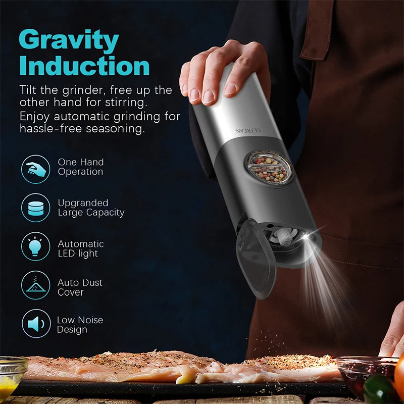 ULTREAN Salt and Pepper Grinder Electric Stainless Steel Salt Pepper Mills with Adjustable Fineness Auto Dust Lids Kitchen Tool