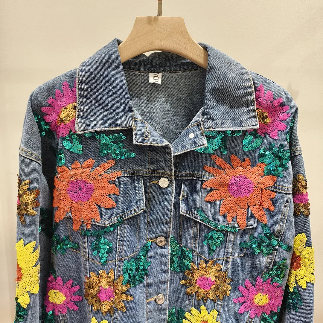 Sunflower Embroidery Denim Jacket with Sequins for Women