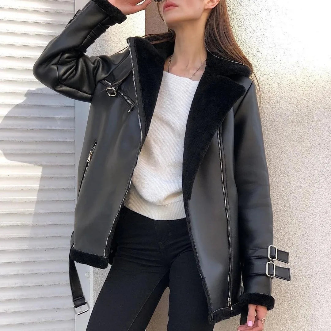 Women's Classic Shearling Bomber Jacket for Warm Winter Style