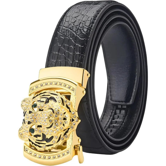 men's belt Gold Tiger Head automatic buckle alloy, leather men's belt, slide for easier adjustment belt, cut to fit