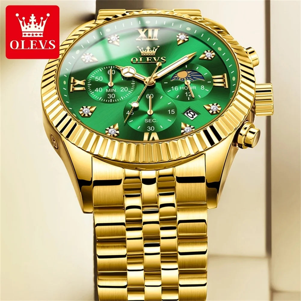 OLEVS New Original Quartz Men's Watches Moon Phase Waterproof Calendar Stainless steel Watch for Men Luminous Luxury Brand Watch