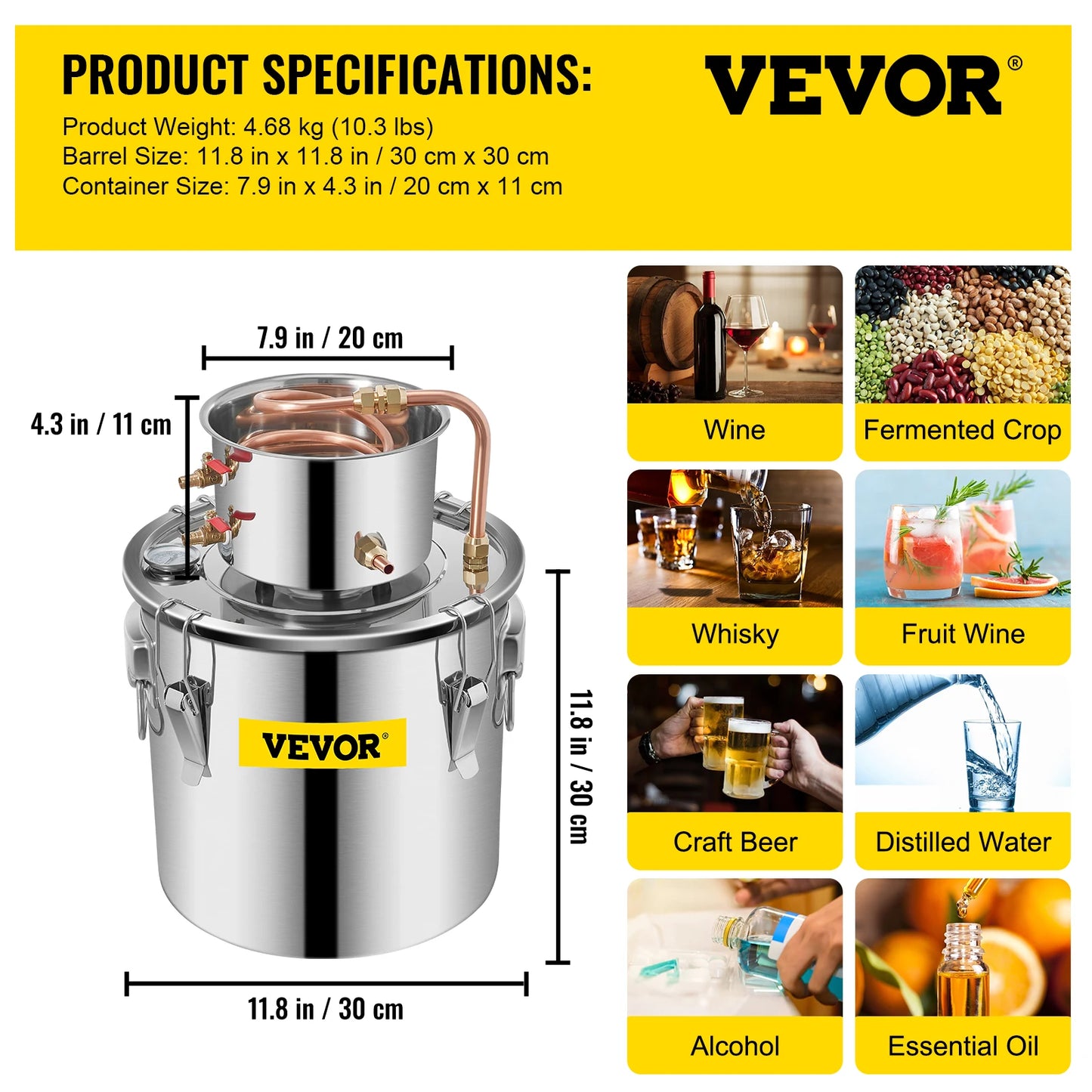 SucceBuy 3 5 8 13 Gal Distiller Alambic Alcohol Still Stainless Copper DIY Home Brew Water Wine Essential Oil Brewing Kit