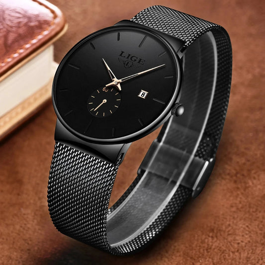 LIGE Fashion Ultra-Thin Mesh Watch Men Business Sports Men's Quartz Wristwatches Waterproof Date Chronograph Relogios Masculino