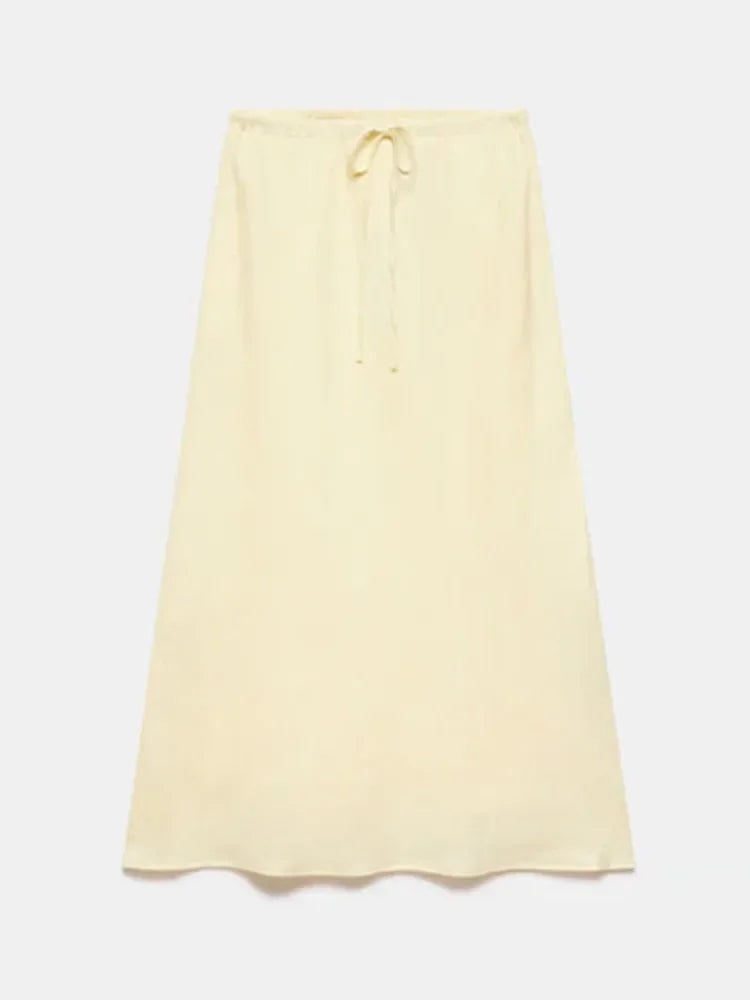 Women Cotton Linen Suit Lace Up Short Two Piece Set Puff Sleeve Shirts Loose A-line Long Skirt Sets Lady Office Matching Set