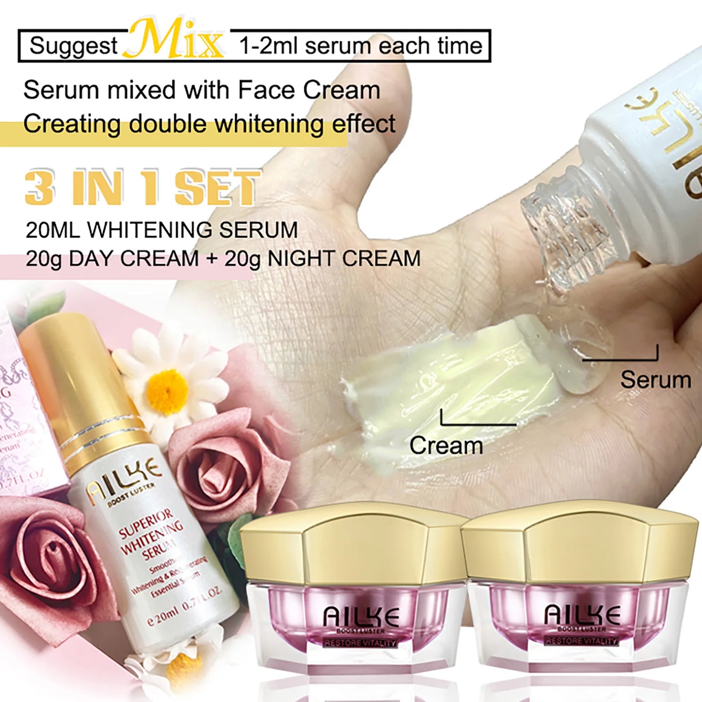 AILKE Lightening Cream, Antioxidant, Glowing, Reduce Spots, For Black, Dark Skin, Whitening Face Care Set for All Skin Types