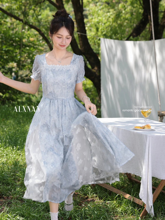 ALXNAN Women Dress Light Blue Floral Puff Sleeves Long Dress 2025 Summer Square Neck Lace Design Midi Ladies Clothing DYL661834