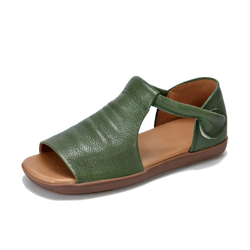 GKTINOO Peep Toe Flat Sandals 2025 Summer New Retro Genuine Leather Comfortable Soft Sole Versatile Women's Shoes
