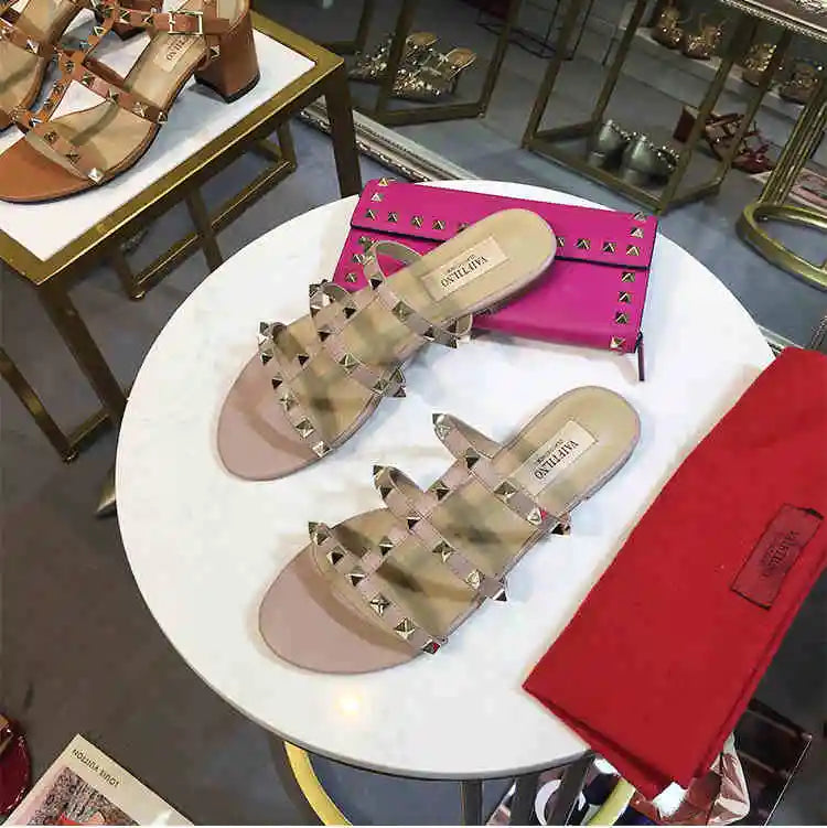 Women's sandals Gladiator summer 2025 luxury Brand Designer Heeled slipper Leather Silver Rivets High Heels Ladies shoes Women