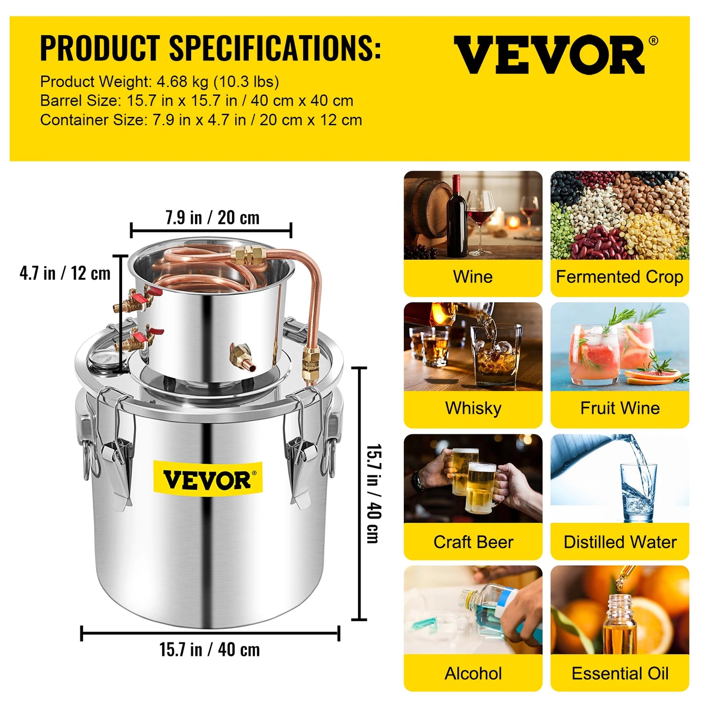 SucceBuy 3 5 8 13 Gal Distiller Alambic Alcohol Still Stainless Copper DIY Home Brew Water Wine Essential Oil Brewing Kit