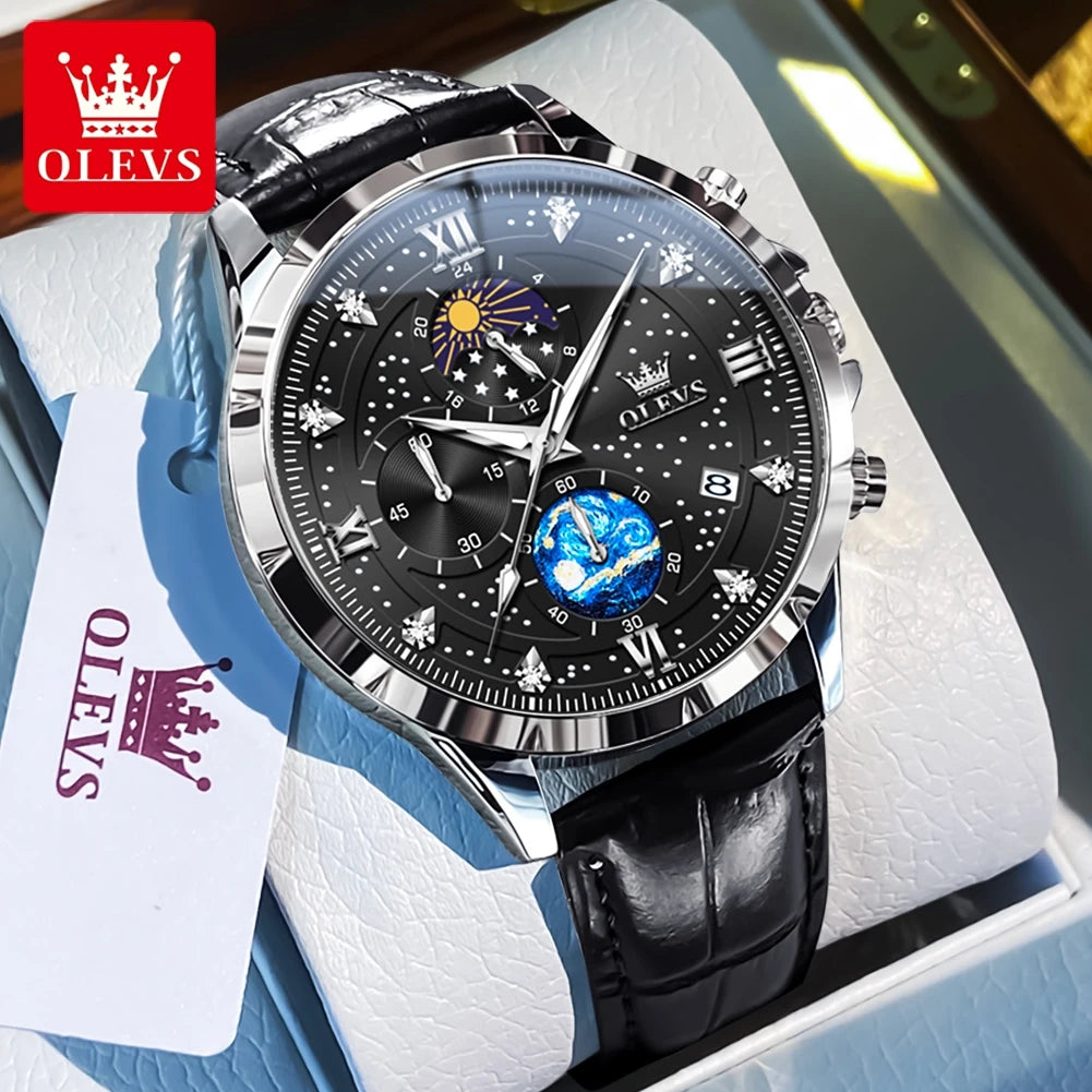 OLEVS Trend Men's Watches Moon Phase Luminous Starry Sky Dial Quartz Watch Waterproof Calendar Fashion Original Male Wristwatch