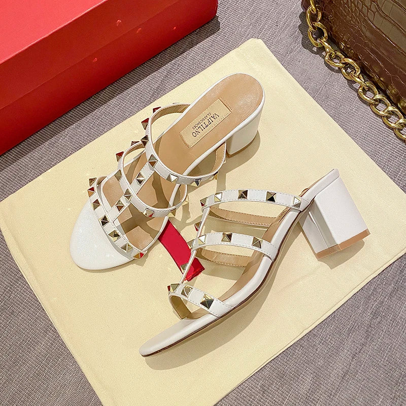 Women's sandals Gladiator summer 2025 luxury Brand Designer Heeled slipper Leather Silver Rivets High Heels Ladies shoes Women