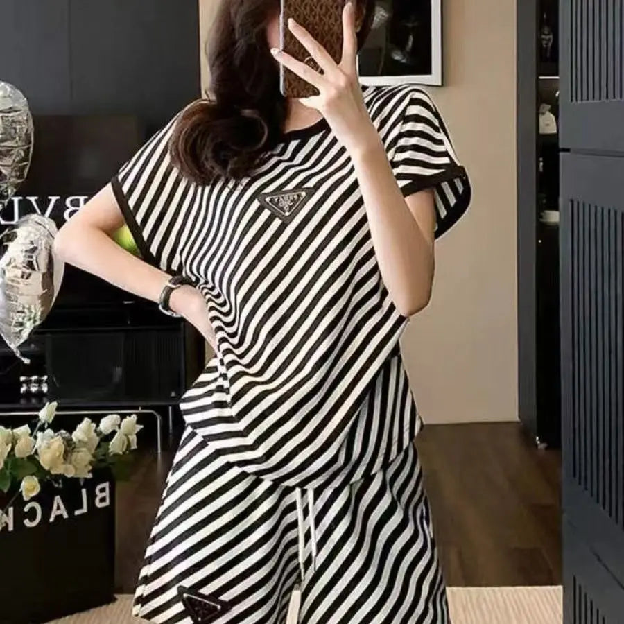 Korean Style Slim Fit Round Neck Top and Striped Shorts Set