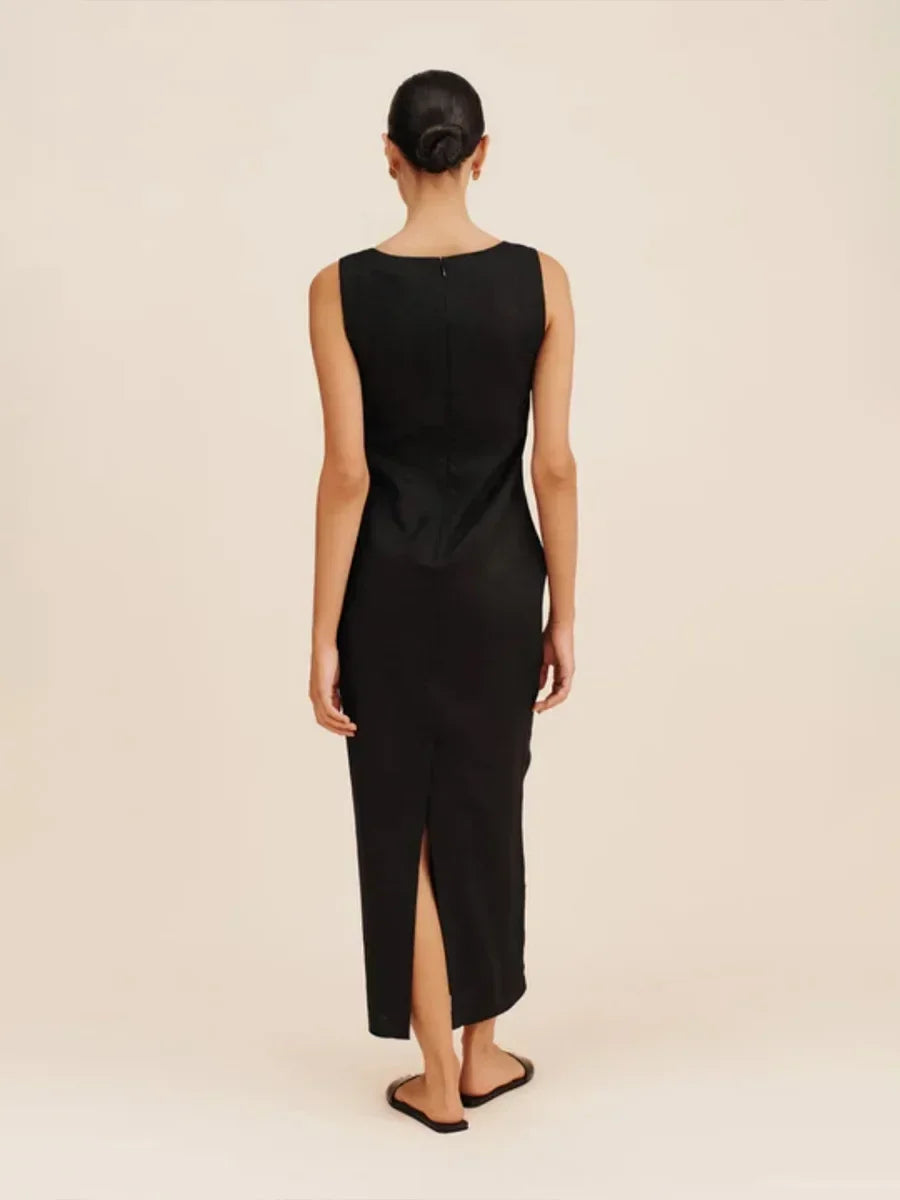 Solid Color Cotton Linen Square Neck Wide Straps Dress Fashion Slim Fit Back Split Long Dress Summer New Women's Clothing