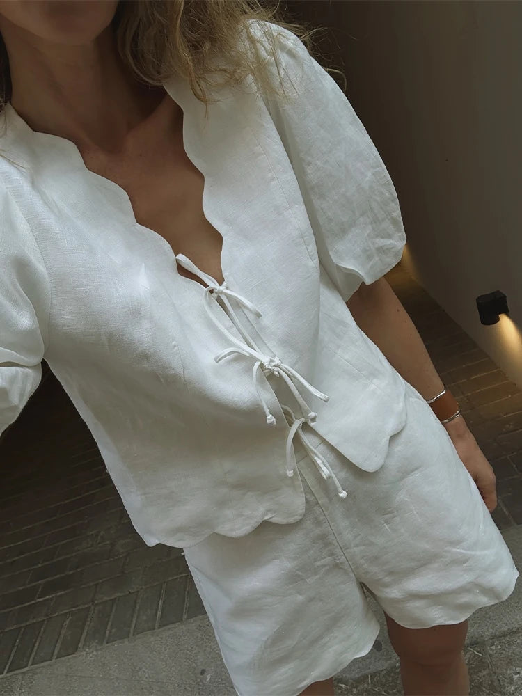 Women Cotton Linen Suit Lace Up Short Two Piece Set Puff Sleeve Shirts Loose A-line Long Skirt Sets Lady Office Matching Set